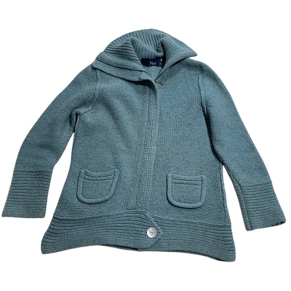 Nua Full Zip Up Hooded Sweater Womens Sz Medium Extrafine Merino Wool Silk Blue